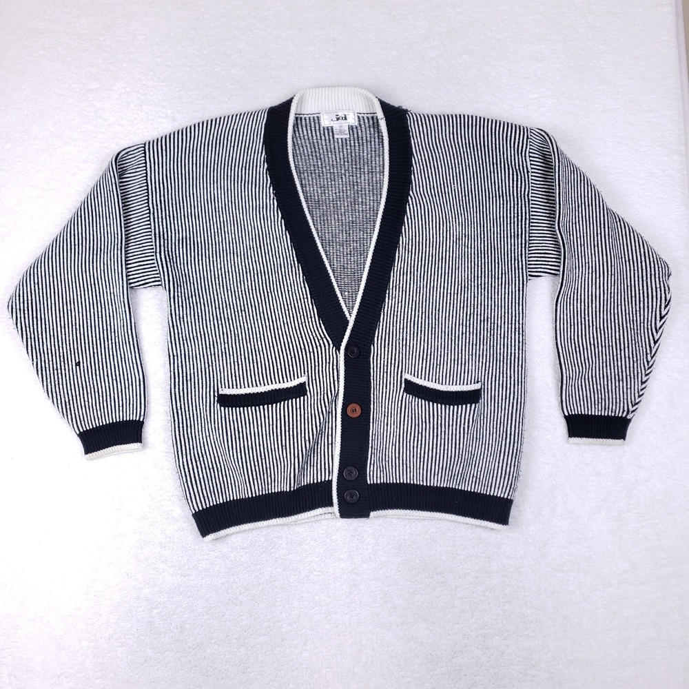 Vintage Jed Cardigan Sweater Striped Navy‎ White Knit Button Front Taiwan M